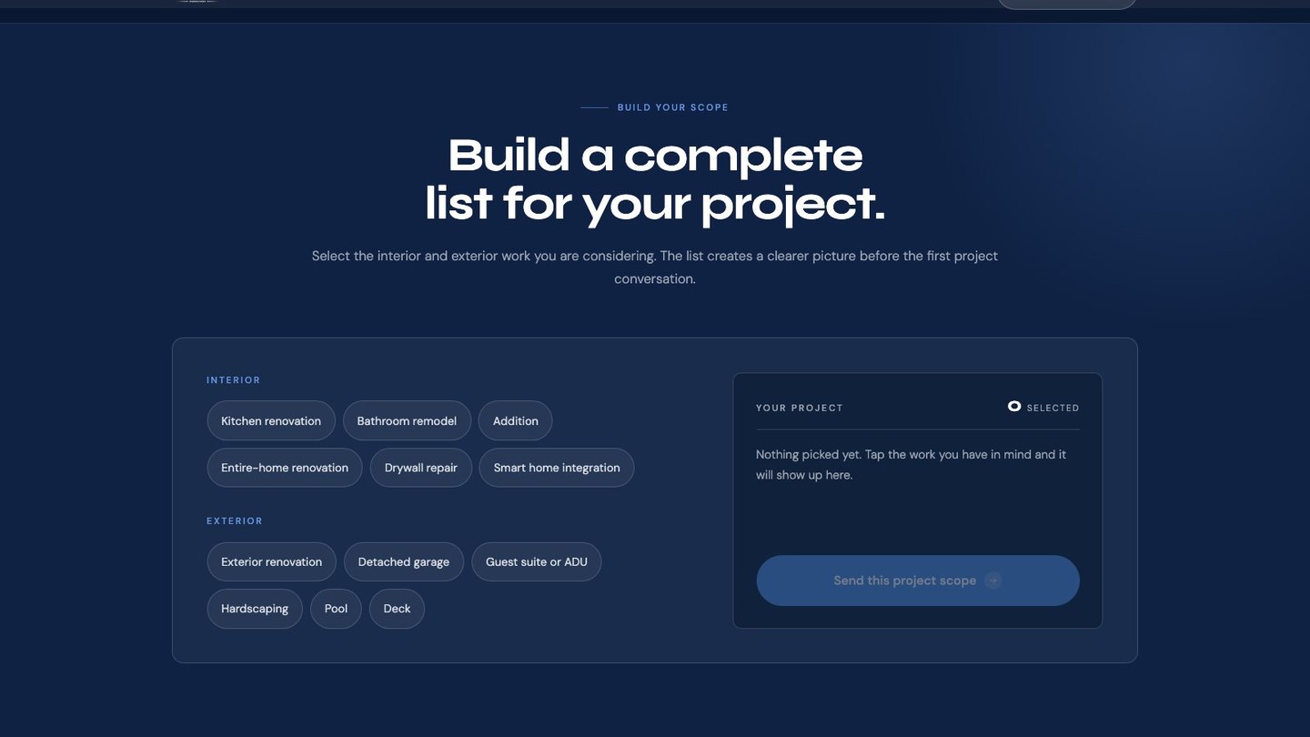 The interactive project scope builder on the new homepage